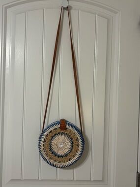 Round Woven Crossbody Bag in Tan, Blue & Cream
